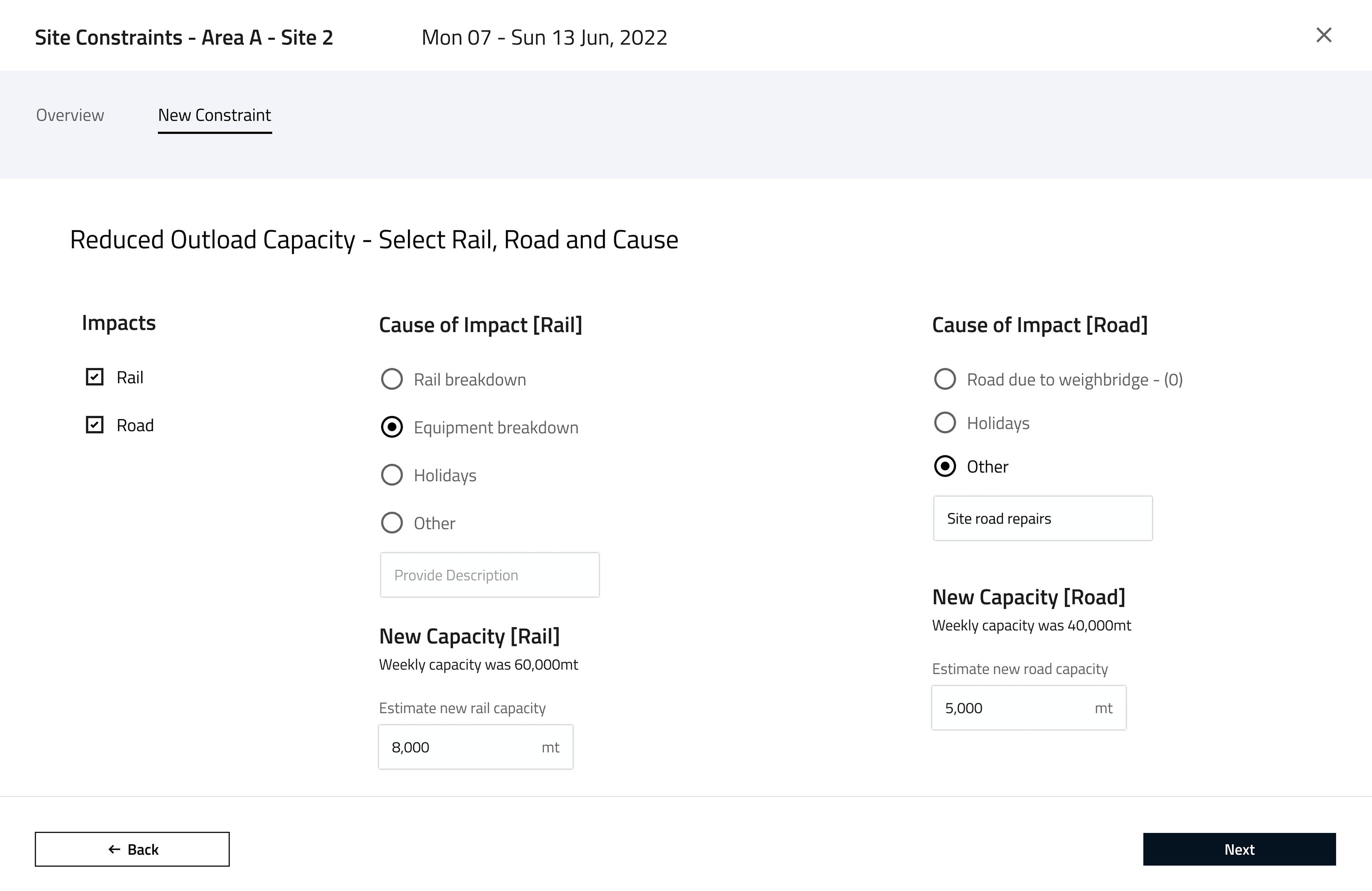 GrainCorp planning tool — create constraints interface
