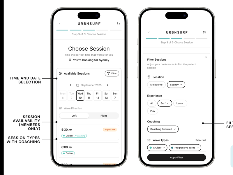 UrbnSurf mobile app — session booking flow with date/time selection and session filters