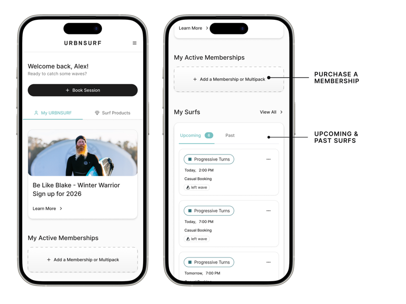 UrbnSurf mobile app — member home screen with active memberships and upcoming surfs