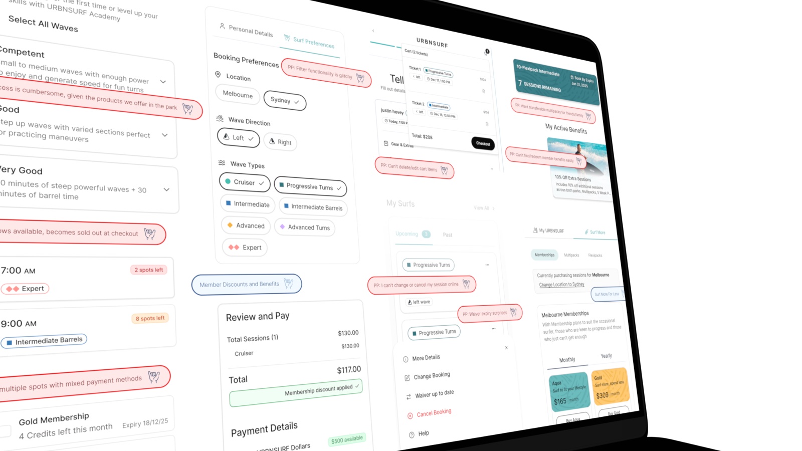 UrbnSurf platform screens — booking, cart, membership, and dashboard views across devices