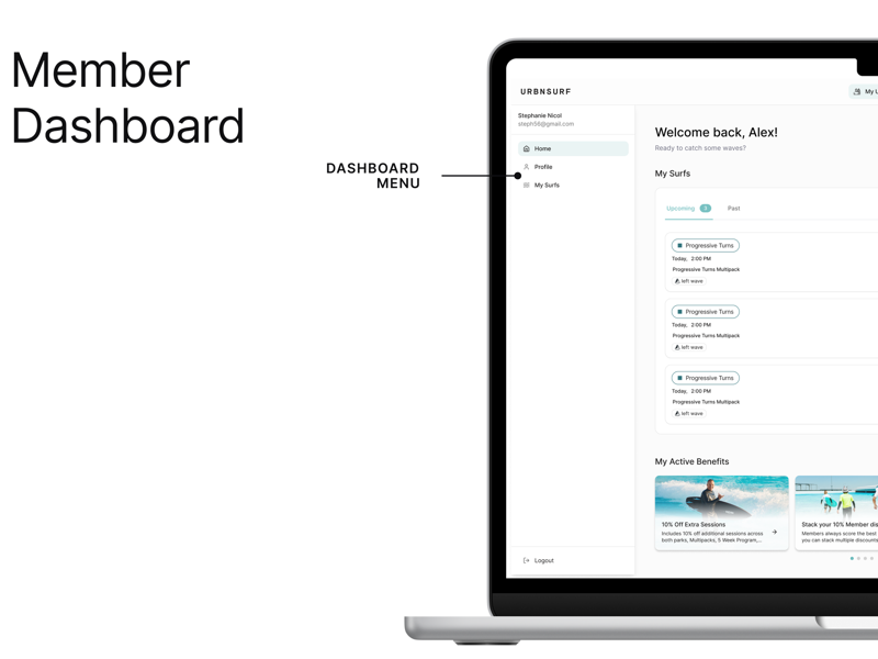 UrbnSurf member dashboard — desktop view showing upcoming surfs, active benefits, and account menu