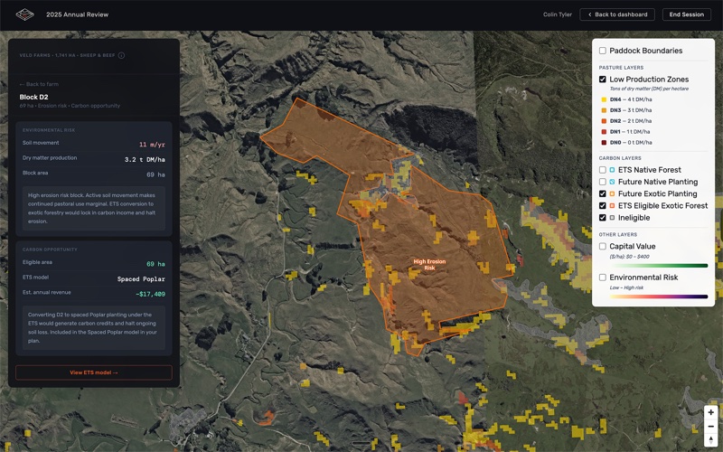 VELD product interface — land value view with environmental and carbon opportunity data