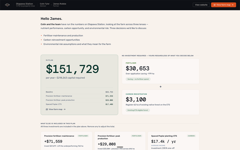 VELD product interface — paddock-level land-use financial comparison